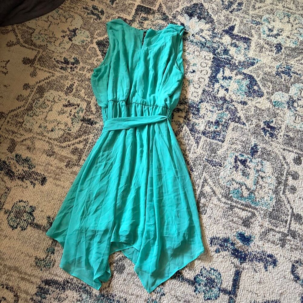 Thalia Sodi Teal Beaded Mini Dress Sleeveless Tie Waist Hi Low Turquoise XL - Picture 4 of 8